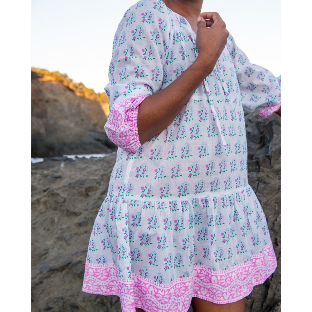 SZ Blockprints Dress Women's Priya Dress Tiered Mini Floral White Pink Boho- M